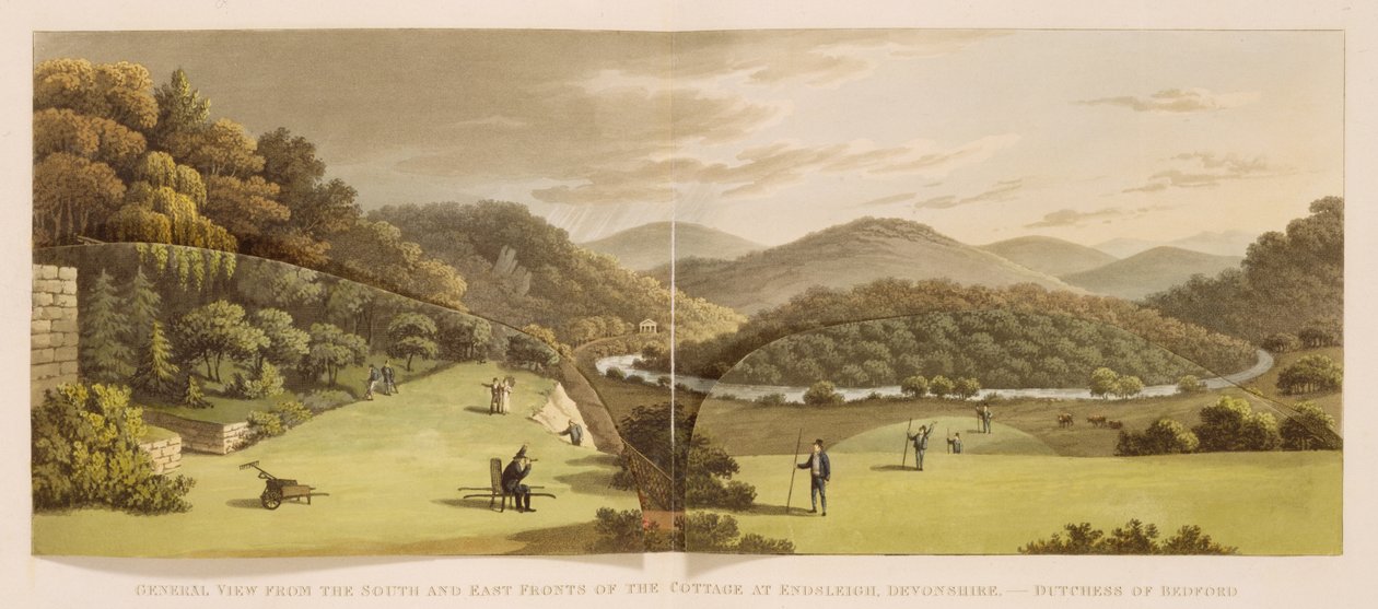 Yleinen näkymä mökin etelä- ja itäpuolelta Endsleighissä, Devonissa (ennen) julkaisusta "Fragments on the Theory and Practice of Landscape Gardening", pub. 1816 (väri litho) (katso myös 103914) tekijältä Humphry Repton