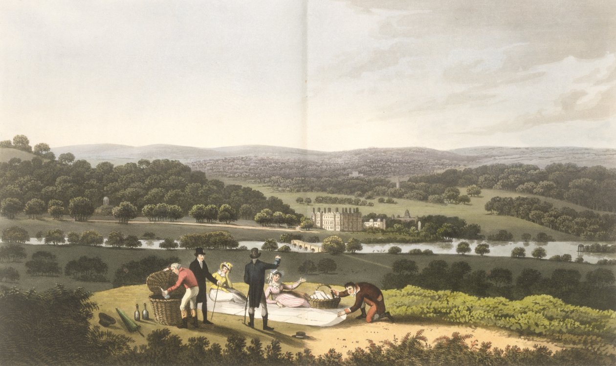 Yleisnäkymä Longleatista Prospect Hilliltä, julkaisusta "Fragments on the Theory and Practice of Landscape Gardening", pub. 1816 tekijältä Humphry Repton