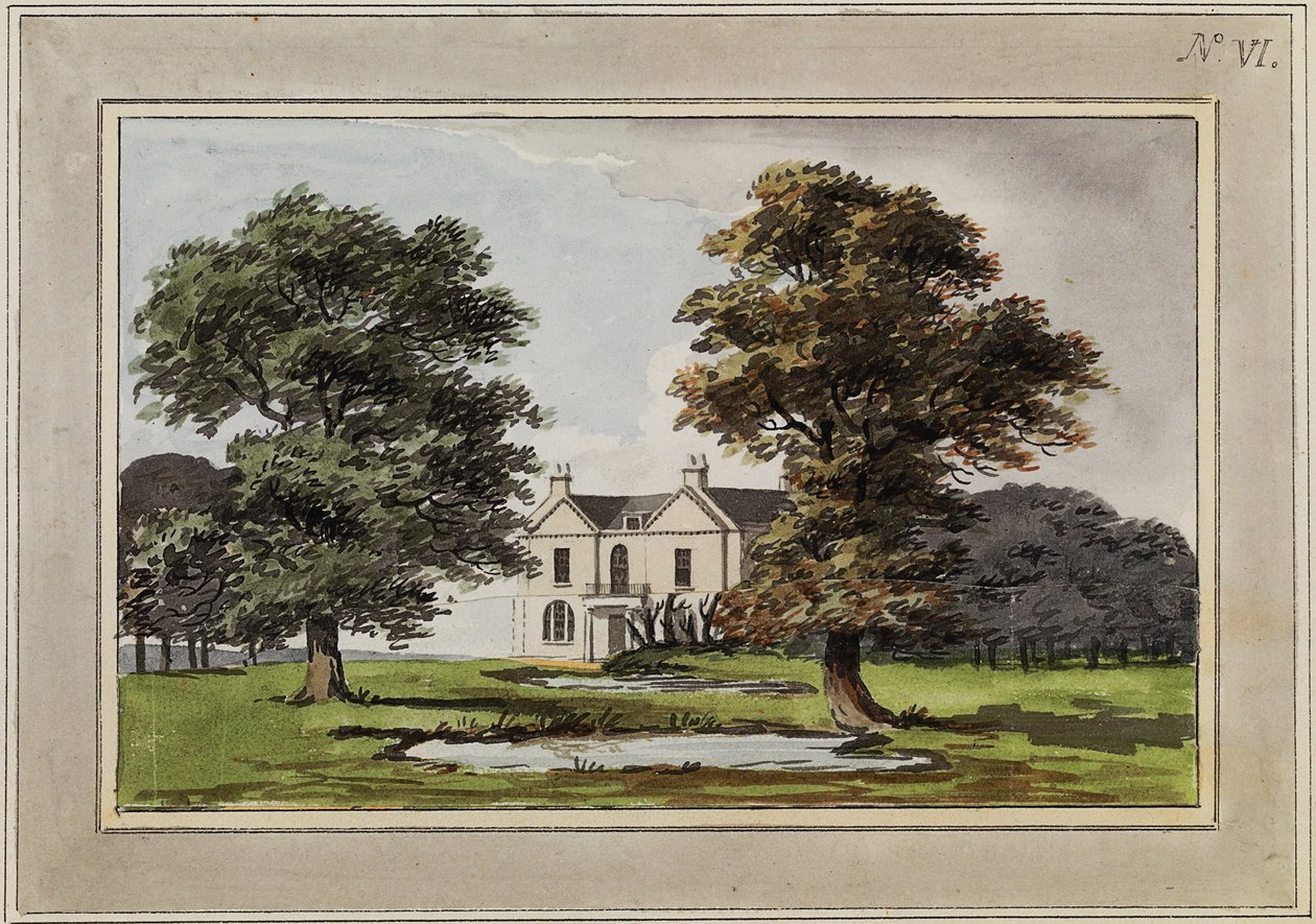 Kuvitus "Red Booksista": "Mogenhanger in Bedfordshire, Godfrey Thornton Esq. tekijältä Humphry Repton