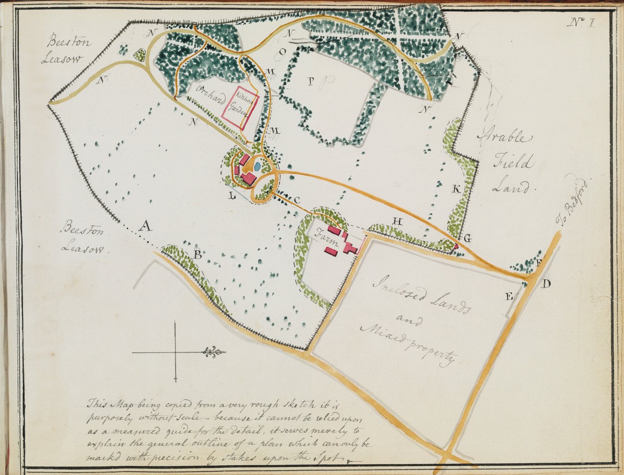 Kartta "Red Booksista", "Mogenhanger in Bedfordshire, a Seat of Godfrey Thornton Esq.", 1792 tekijältä Humphry Repton