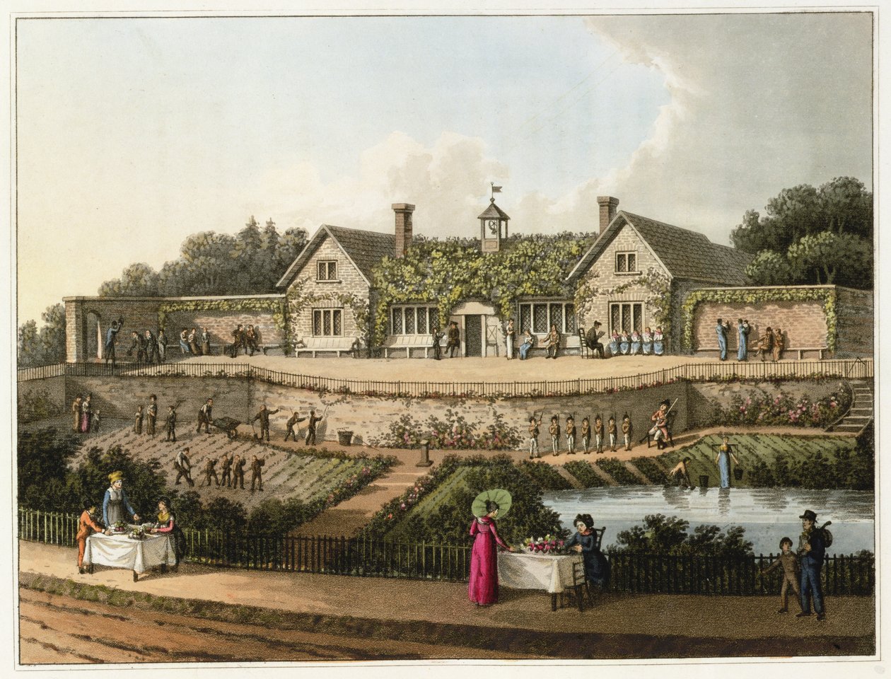 The Work House, julkaisusta "Fragmentteja maisemapuutarhanhoidon teoriasta ja käytännöstä", pub. 1816 tekijältä Humphry Repton