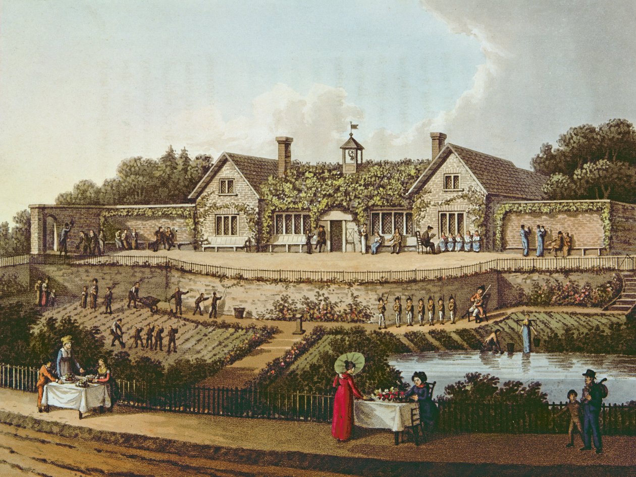 The Work House, kuvitus Humphry Reptonin teoksesta "Fragments on the Theory and Practice of Landscape Gardening", julkaistu 1816 tekijältä Humphry Repton