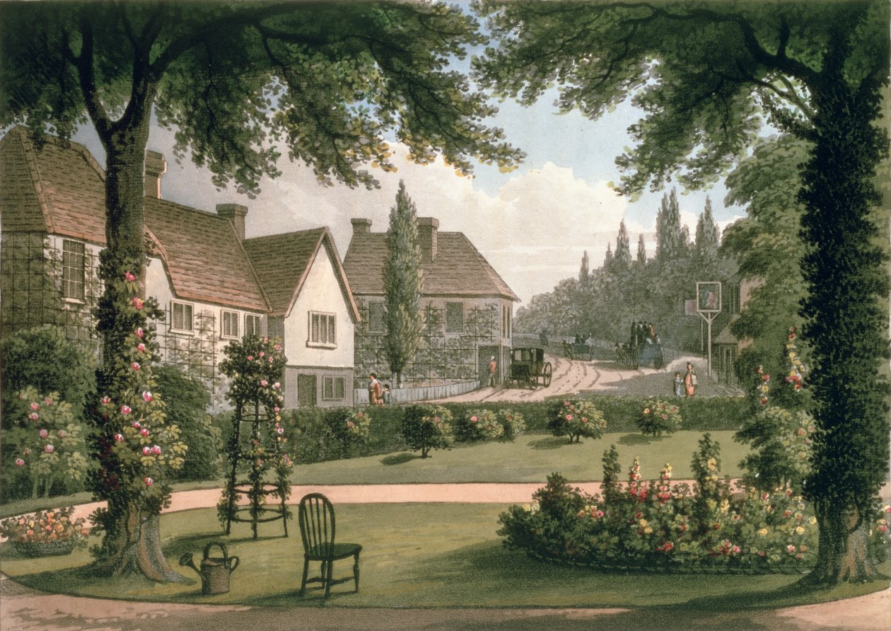 Näkymä omasta mökistäni Essexissä (jälkeen) julkaisusta "Fragments on theory and Practice of Landscape Gardening", pub. 1816 (väri litho) (katso myös 103915) tekijältä Humphry Repton