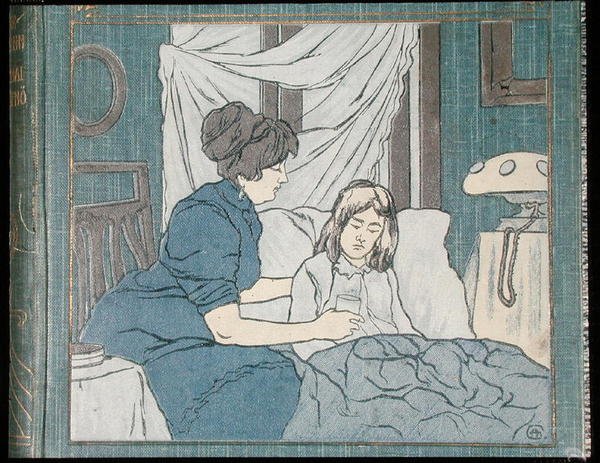 Äiti hoitamassa sairasta tytärtään, perhelääkärikirjan kannesta, n. 1900 (värilitho) tekijältä Hungarian School