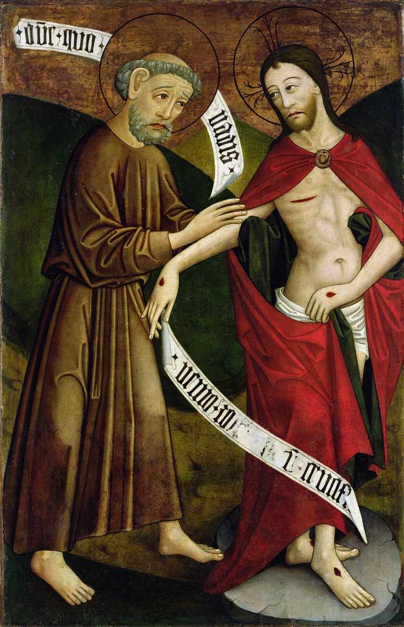 Kristus ja pyhä Tuomas, Csíksomlyón Pietarin ja Paavalin kirkon entisen alttaritaulun paneeli, n. 1480 (munan tempera taulussa) tekijältä Hungarian School