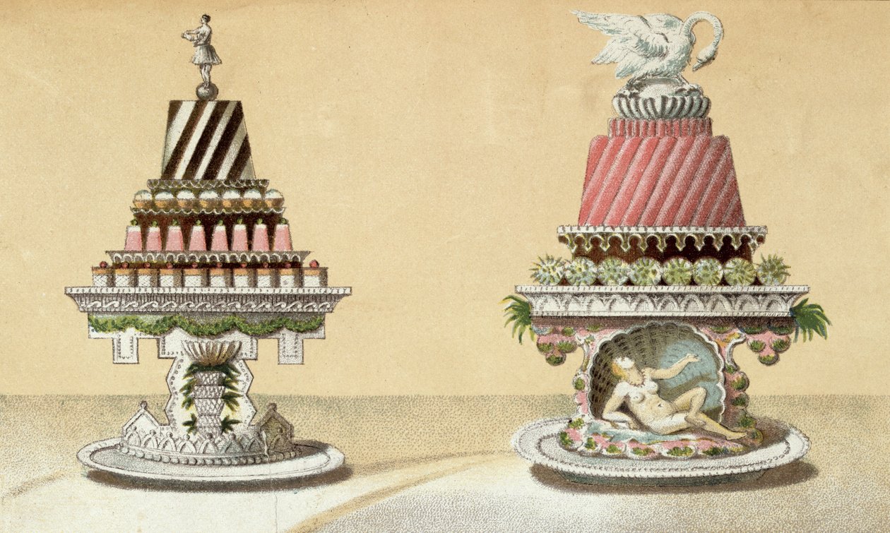 Suunnittelu Charlottes a la Reine & Pain de Framboises a la Ledan esittelyyn, kuvitus unkarilaisesta keittokirjasta ranskalaisesta ruoanlaitosta, n. 1880 tekijältä Hungarian School