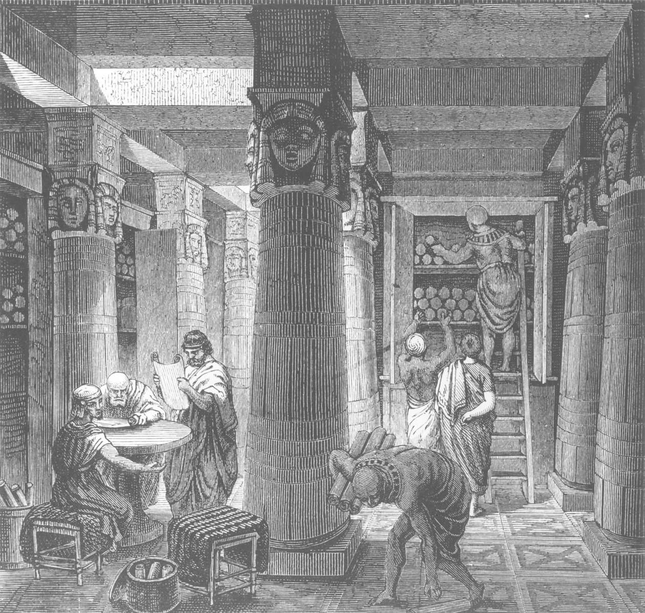 Kuvitteellinen virkistys Ptolemaios-kirjastosta Aleksandriassa Egyptissä Histoire Generale des Peuplesista, 1880 tekijältä Hungarian School