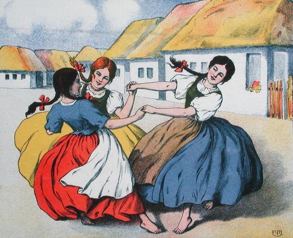 Talonpoika tanssi. kuvitus Arpad Balazsin kappaleista, n. 1910 (värilitho) tekijältä Hungarian School