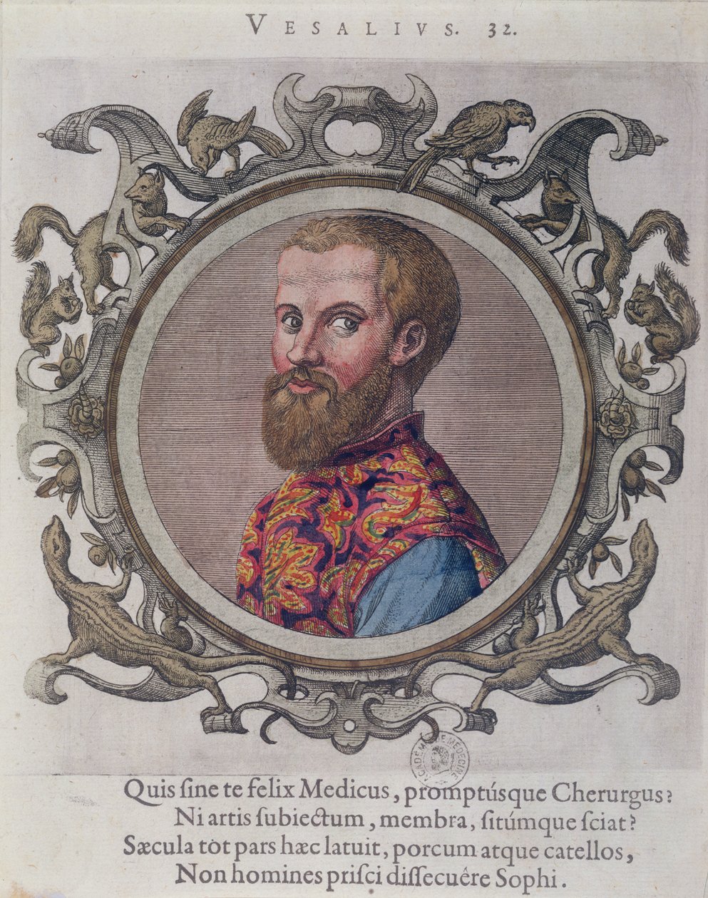 Andreas Vesaliuksen (1514-64) muotokuva unkarilaisen lääkärin Sambucuksen kirjasta Recueil des Portraits de Medecins, 1574 tekijältä Hungarian School