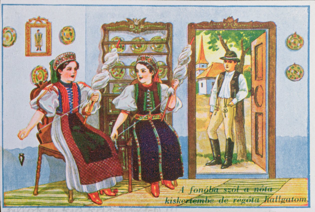 Postikortti, jossa naiset perinteisessä unkarilaispuvussa pyörivät ja laulavat suosittua laulua Sing a Song to the Frog, n. 1940 tekijältä Hungarian School