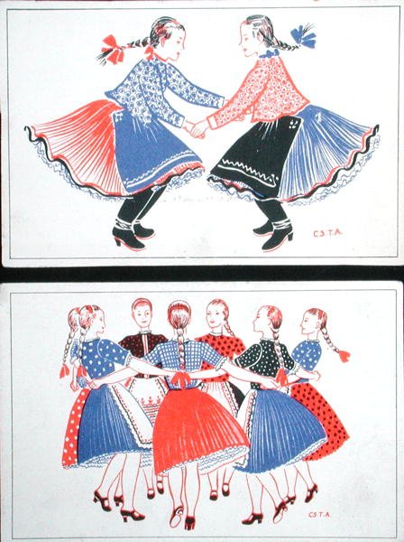 Perinteisiä unkarilaisia tansseja kuvaavat postikortit, n. 1947-1948 (värilitho) tekijältä Hungarian School