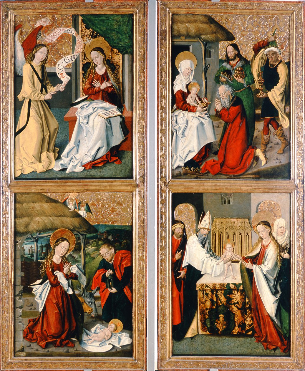 Ilmoitus, Kristuksen syntymä, tietäjien palvonta ja esitys temppelissä Szepeshelyn alttaritaulusta, 1480-90 tekijältä Hungarian School
