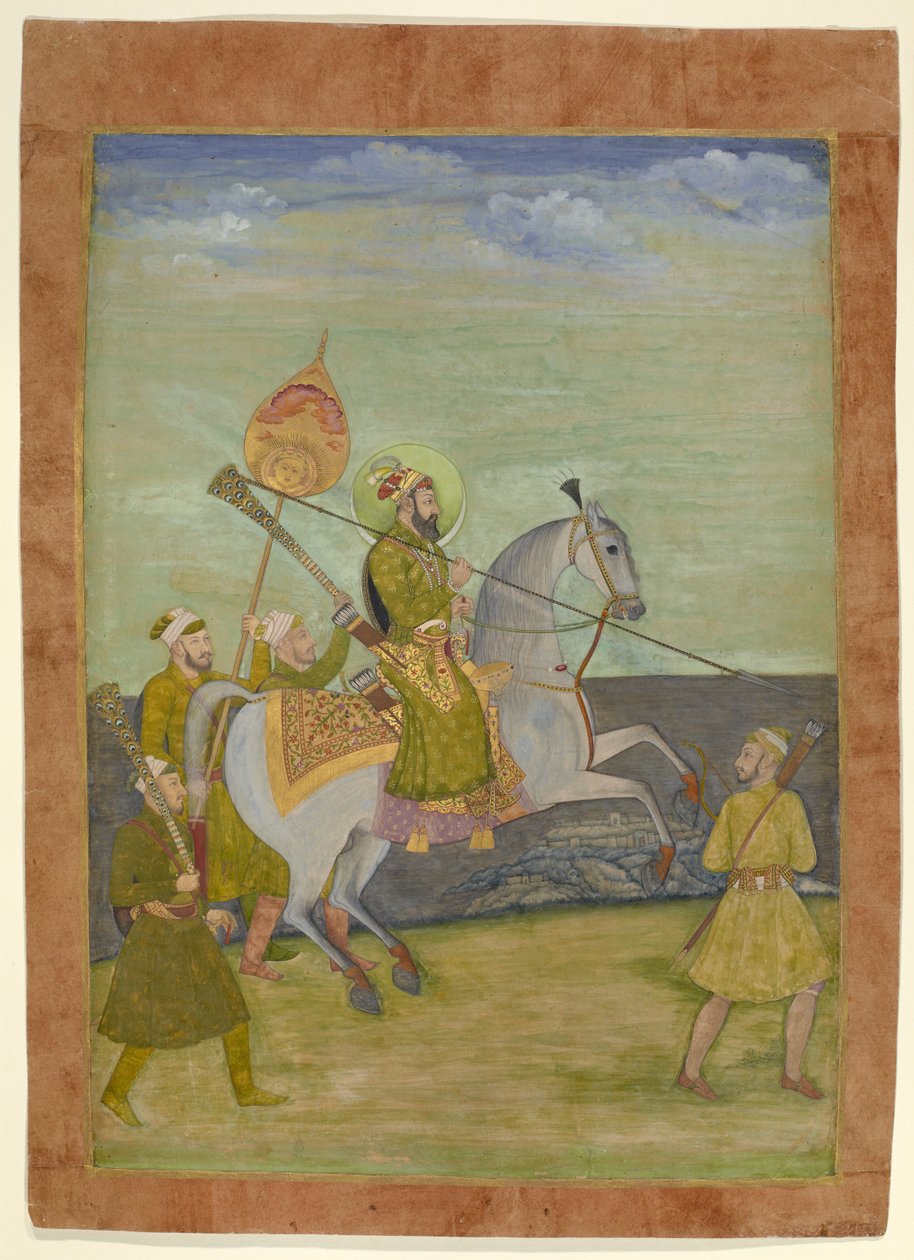 Bahadur Shahin ratsastusmuotokuva nuorena miehenä, Mughal, n. 1690 (guassi ja kultaa paperilla) tekijältä Hunhar I (attr. to)