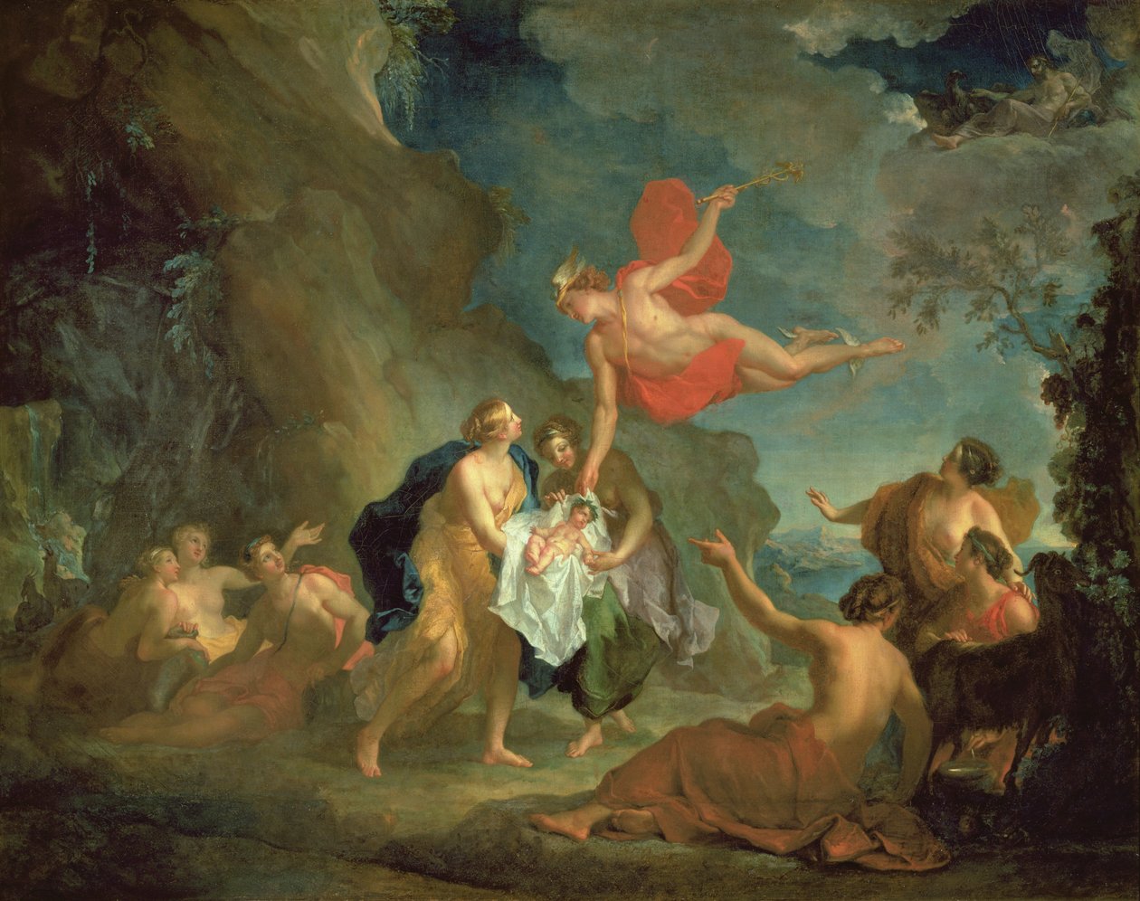 Bacchus-lapsi, jonka Mercury toimitti nymfille Naxoksen saarella tekijältä Hyacinthe Collin de Vermont