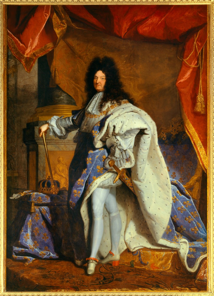 Täyspitkä muotokuva Ludvig XIV:stä (1638-1715) 63-vuotiaana suuressa kuninkaallisessa puvussa Maalaus Hyacinthe Rigaudin (1659-1743) työpajasta tekijältä Hyacinthe (studio of) Rigaud
