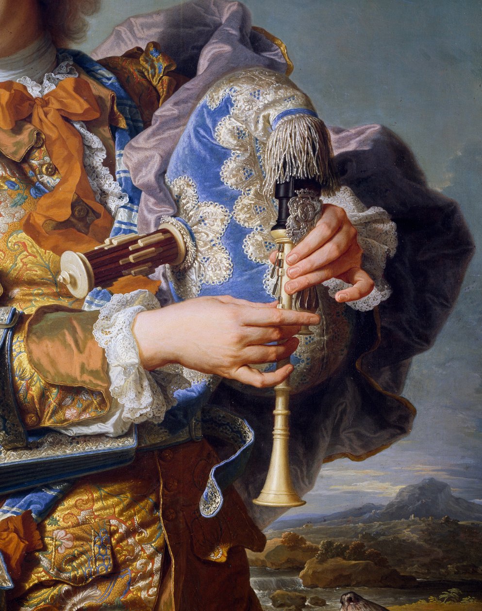 Gaspard de Gueidan soittaa säkkipilliä, noin 1735, kirjoittanut Hyacinthe Rigaud (1659-1743), öljy kankaalle. Yksityiskohta. Ranska tekijältä Hyacinthe Francois Rigaud
