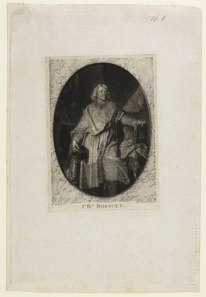 J.B. Bossuet (jalan), kaiverrus Jean-Baptiste de Grateloup, 1771 (mezzotint, akvatinta ja kuivakärki chine colléssa) tekijältä Hyacinthe Francois Rigaud