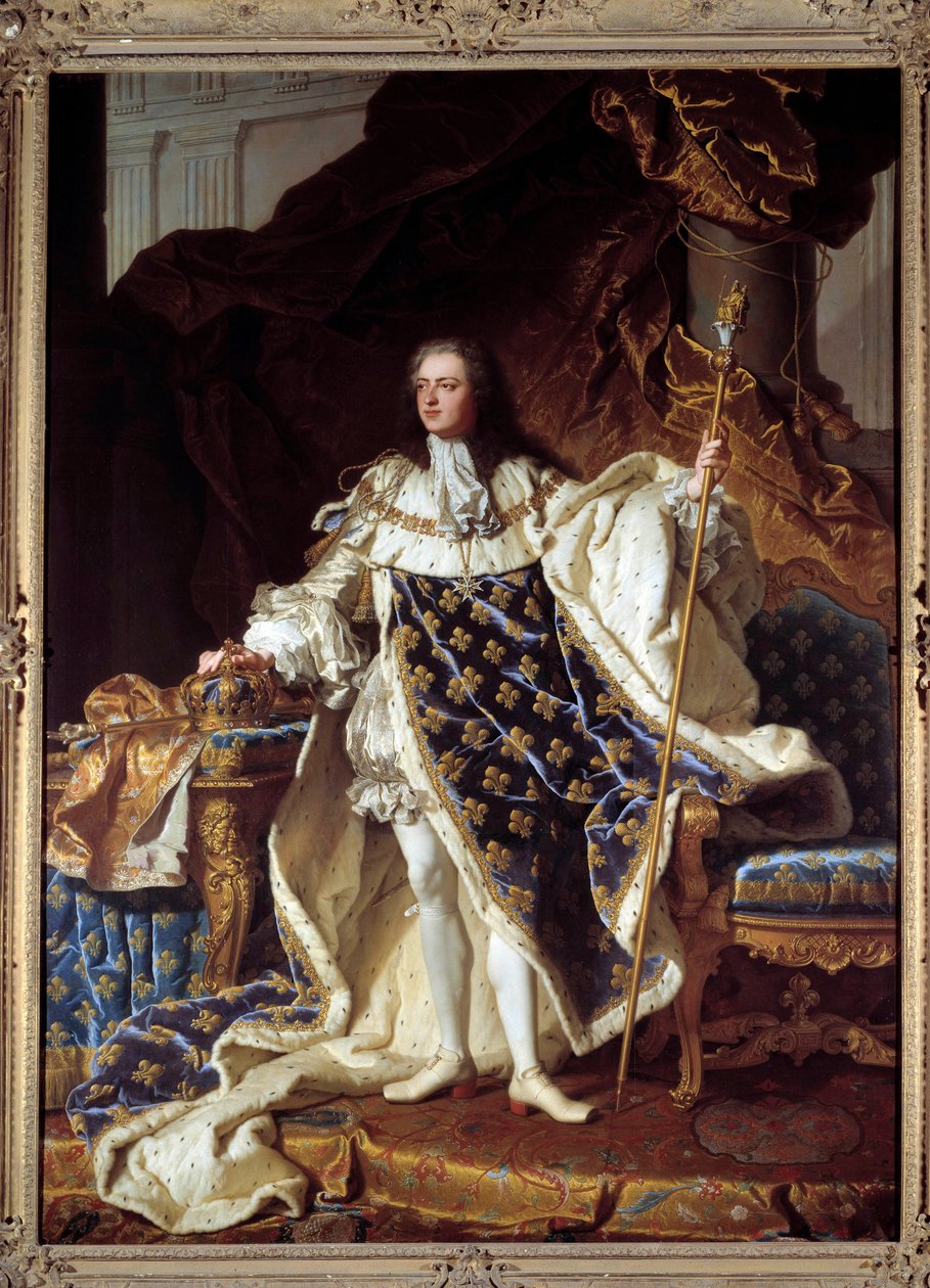 Täyspitkä muotokuva Ludvig XV:stä Corren puvussa (1710-1774) Hyacinthe Rigaudin (1659-1743) maalaus. 1730. Koko 2,71 x 1,94 m. Versailles, musee du Chateau - Ludvig XV:n täyspitkä muotokuva kruunausvaatteissa (1710-1774). Hyacinthe Rigaudin maalaus ( tekijältä Hyacinthe Francois Rigaud