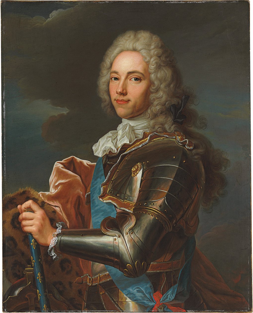 Duc de Broglien muotokuva, Sainte Espritin ritarikunnan vyö ja Ranskan marsalkka sauva tekijältä Hyacinthe Francois Rigaud