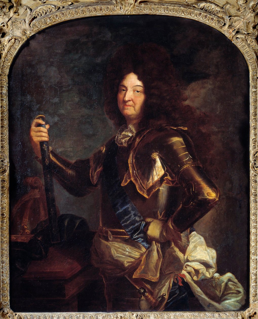 Muotokuva Ranskan kuninkaan Ludvig XIV:stä (1638-1715), panssarissa Hyacinthe Rigaudin (1659-1743) maalaus 1700-luvun su. 2,21x1,3 m tekijältä Hyacinthe Francois Rigaud