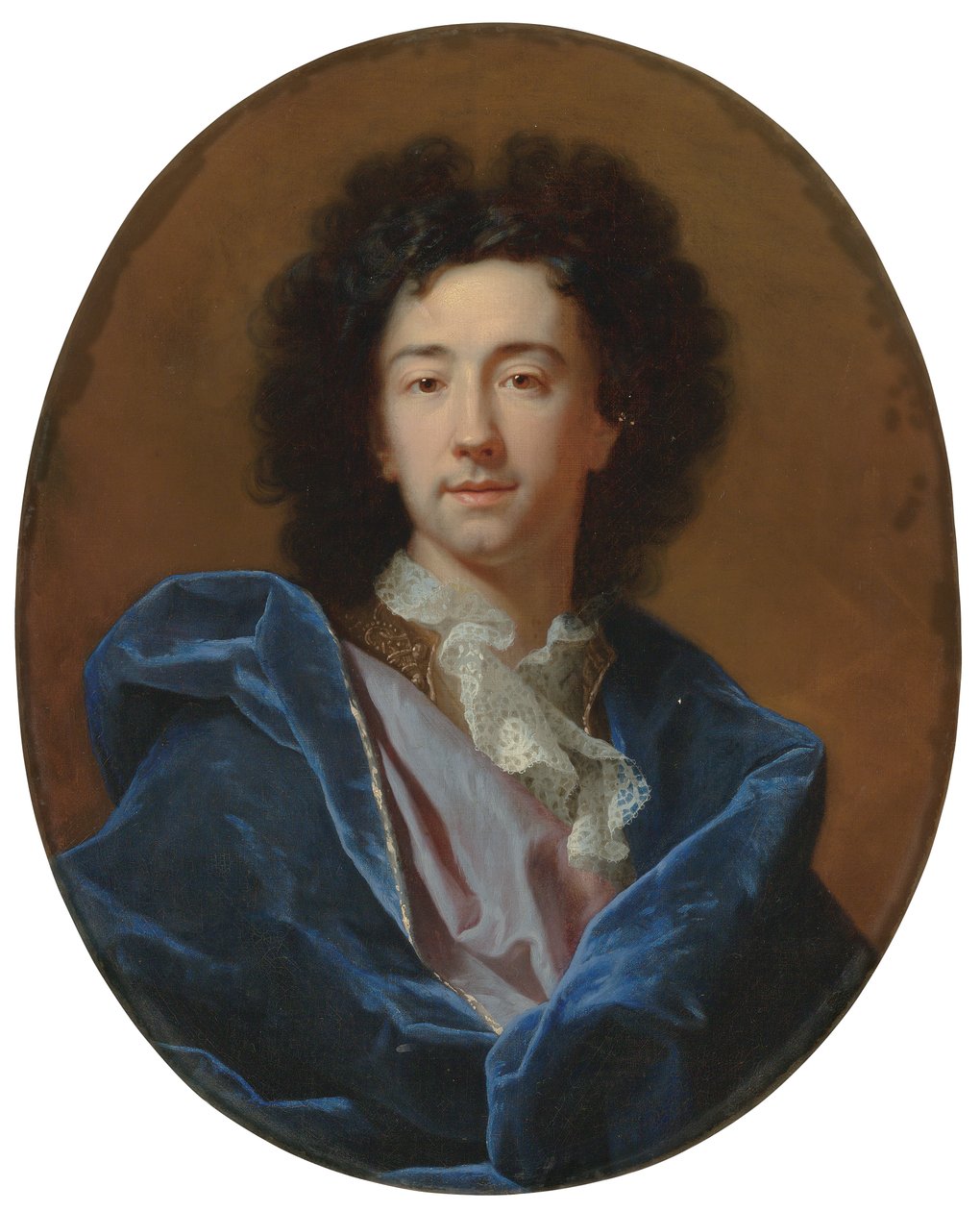 Taiteilijan muotokuva, rintakuva, pitsinen kravatti ja sininen viitta tekijältä Hyacinthe Francois Rigaud