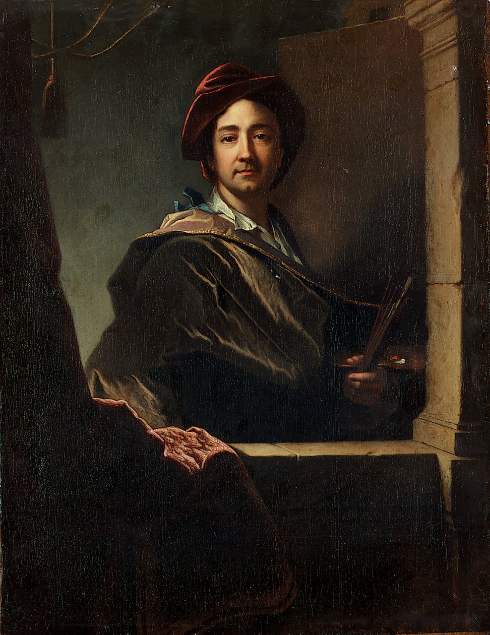 Taiteilijan muotokuva, puolipitkä, laatikon päällä, 1712 tekijältä Hyacinthe Francois Rigaud