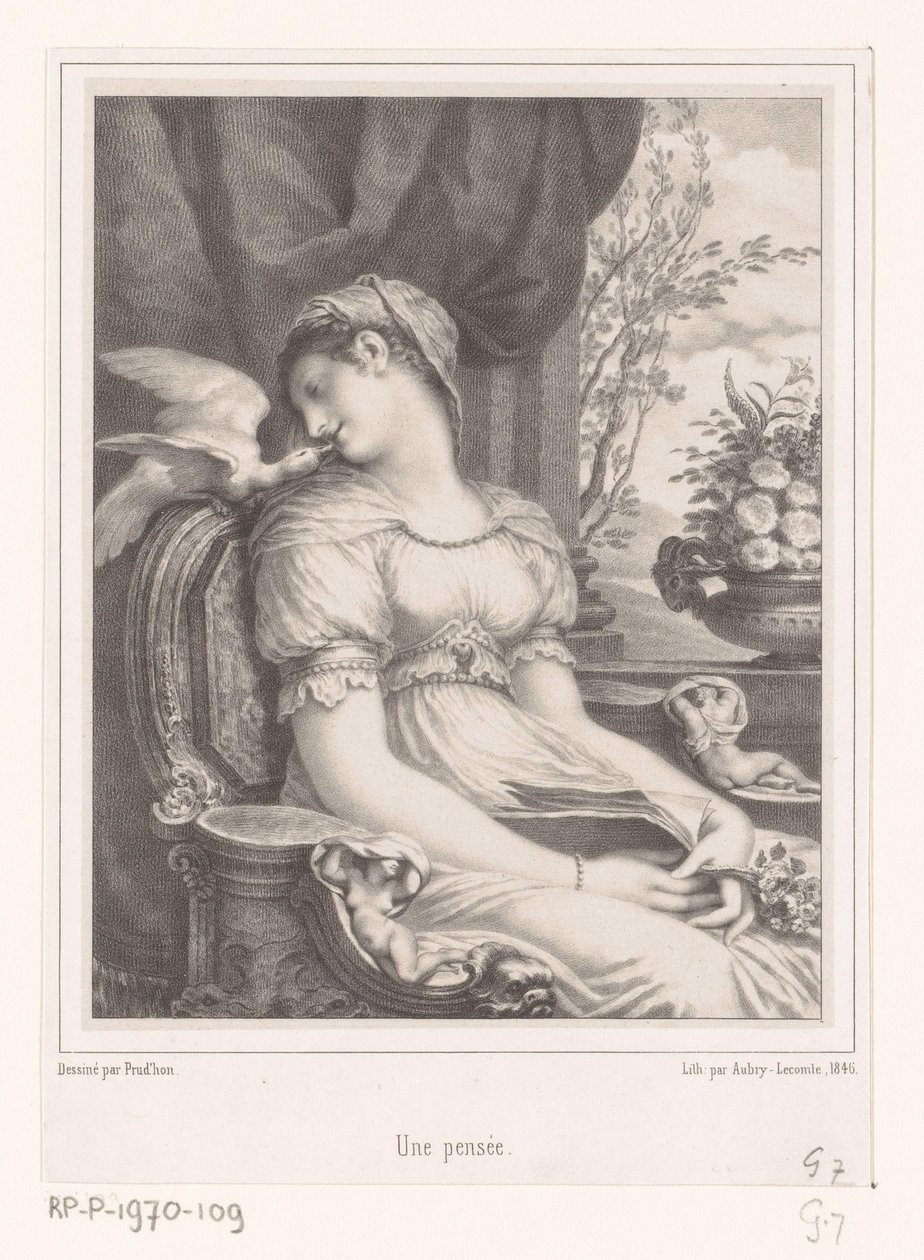 Dona asseguda amb llibre i ocell blanc Acabat Une pensée (títol sobre objecte). tekijältä Hyacinthe Louis Victor Jean Baptiste Aubry Lecomte
