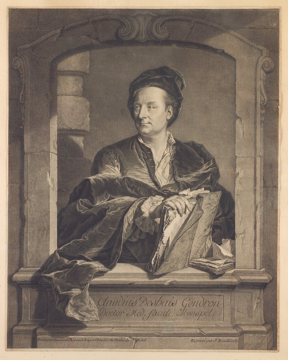 Tohtori Claude Deshais Gendron, kaiverrus J. Daulle, n. 1737 tekijältä Hyacinthe Francois Rigaud