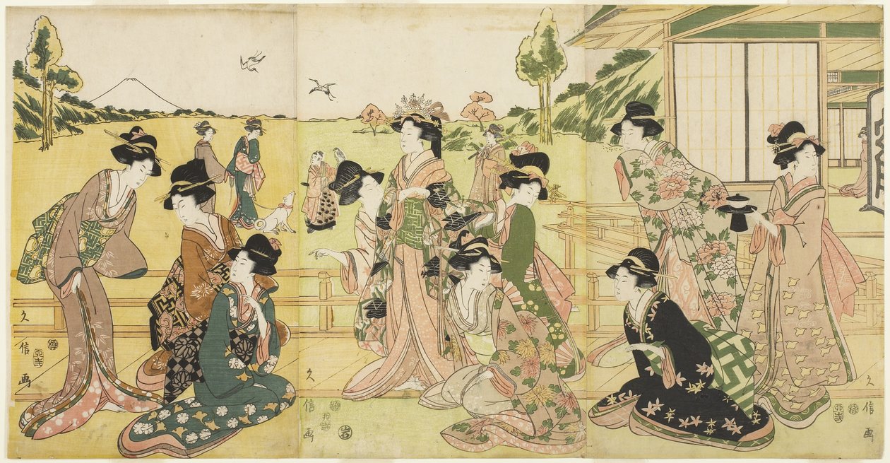 Hawking Party, 1807 (värillinen puupainatus) tekijältä Hyakusai Hisanobu Hyakusai Hisanobu