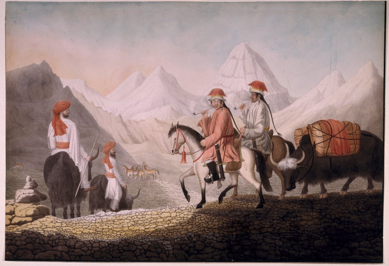 William Moorcroft ja Hearsay matkalla Mansarovar-järvelle (Tiibet) 1812 (akvarelli paperille) tekijältä Hyder Jung Hearsey