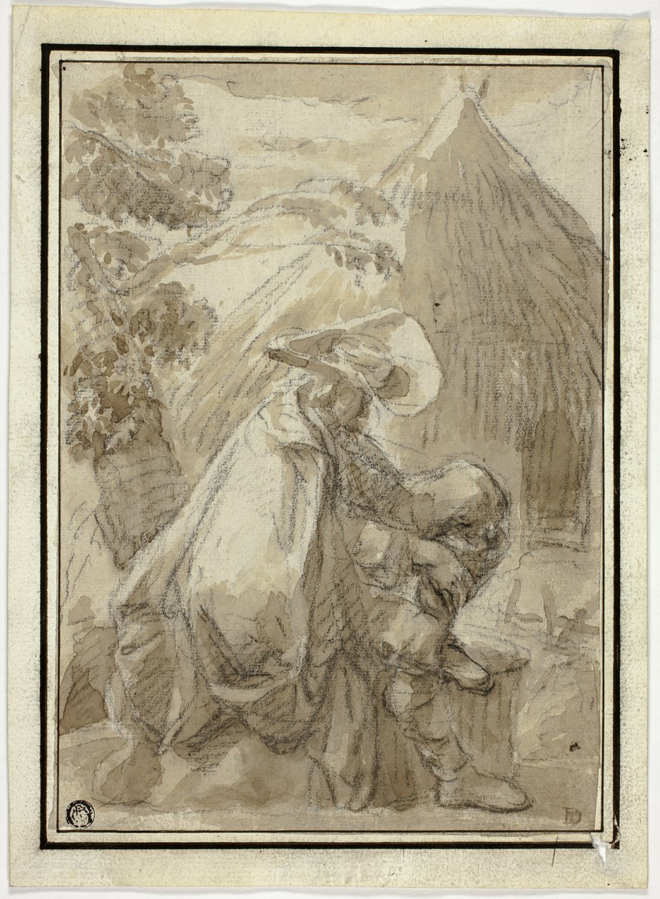 Thatched Hutin istuva mies manttelissa tekijältä III Follower of Herman Saftleven