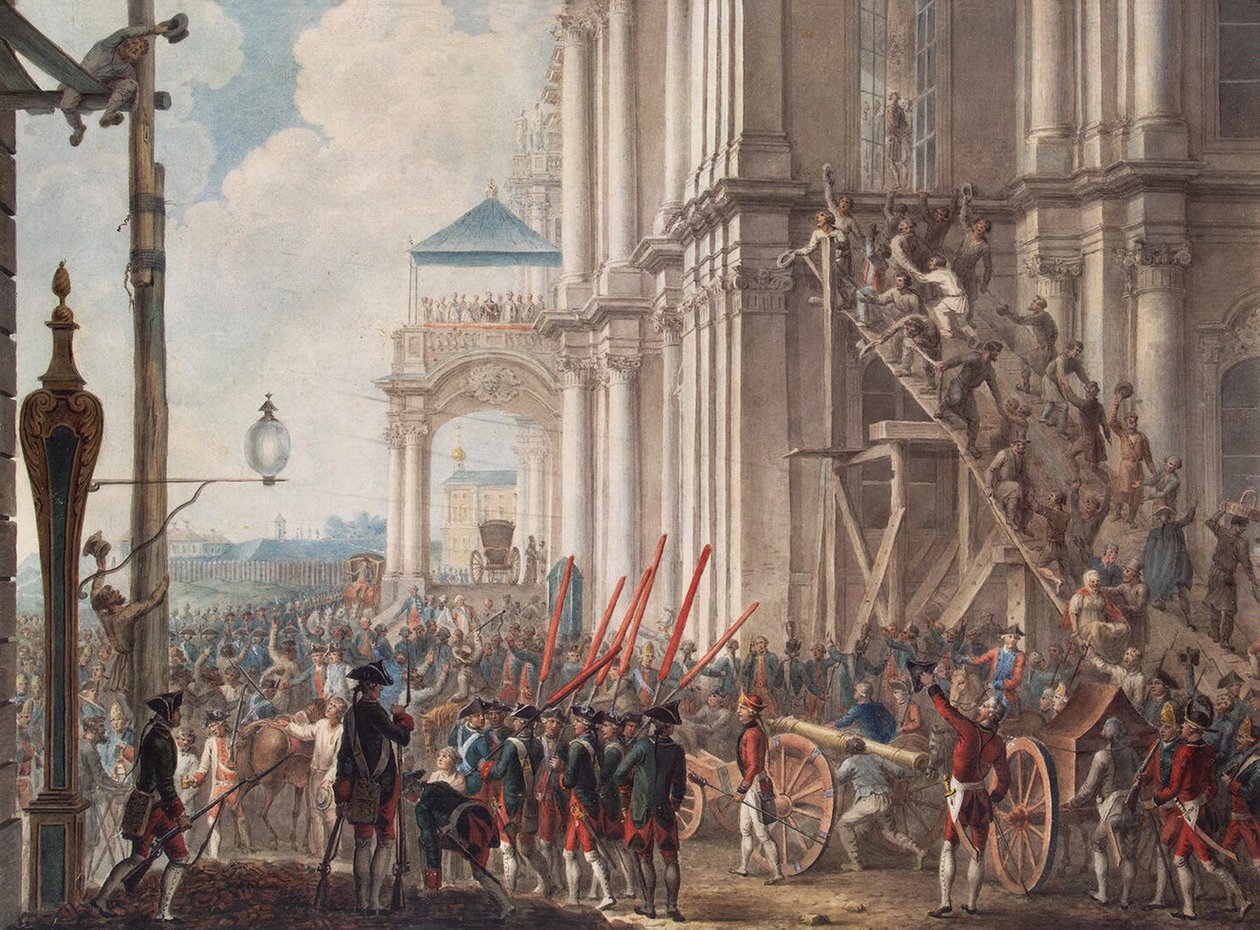 Katariina II Talvipalatsin parvekkeella, vartijat ja ihmiset tervehtivät palatsin vallankumouksen päivänä, 28. kesäkuuta 1762 tekijältä I.K Kaestner