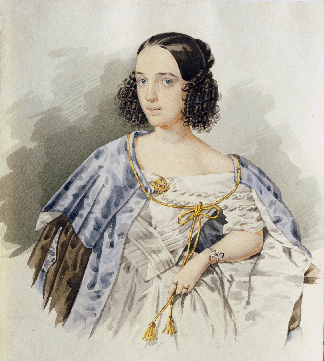 Muotokuva venäläisnäyttelijästä Varvara Asenkovasta (1817-1841) - I Aleksejevin akvarelli pahville (toimii 1800-1850) tekijältä I. Alexeyev