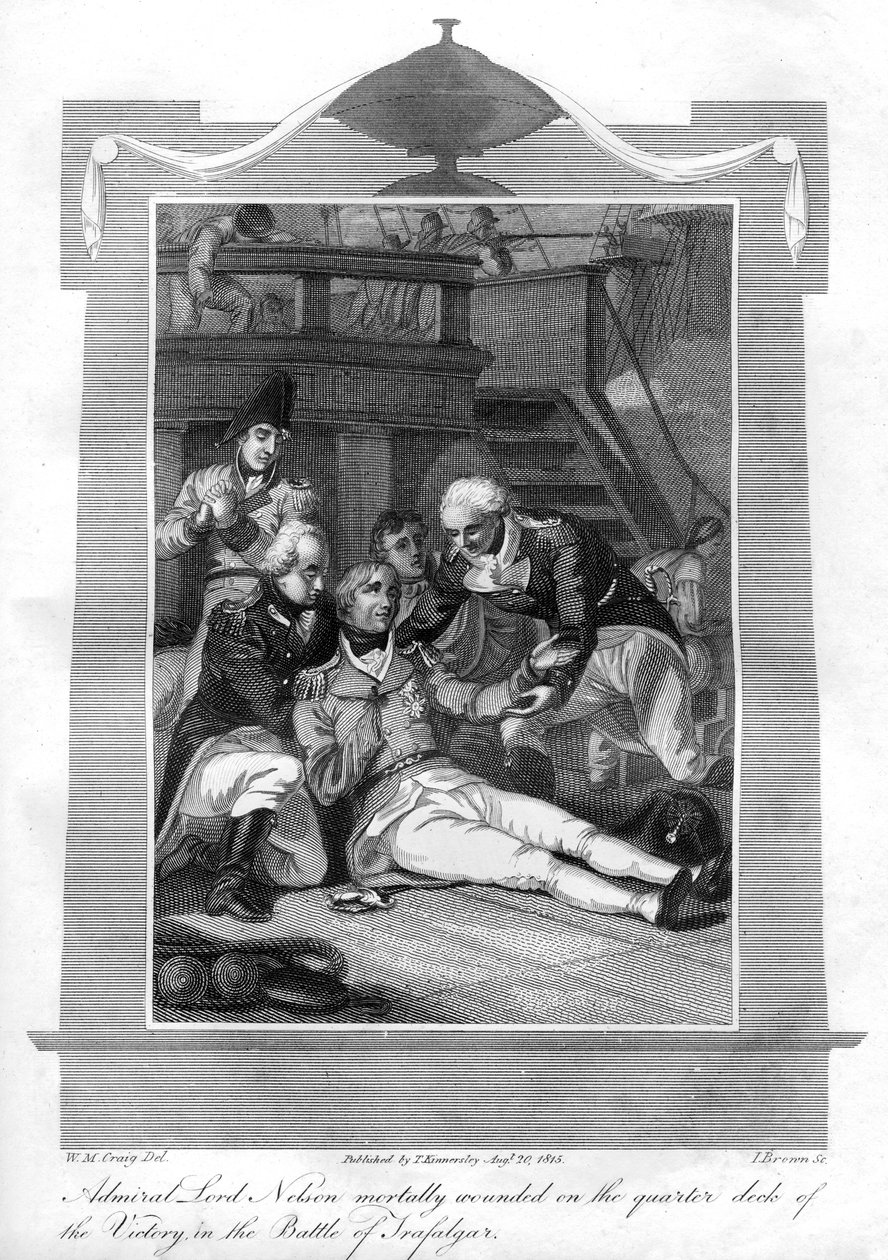 Amiraali Nelson makaa kuolettavasti haavoittuneena HMS Victoryn kortsakannella, 1816. tekijältä I. Brown