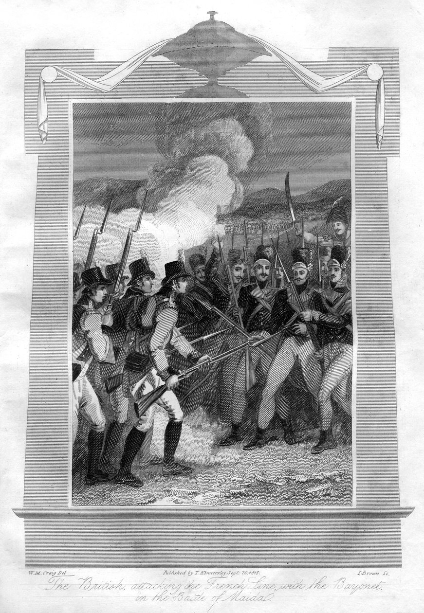 Britit hyökkäävät pistimellä Ranskan linjaa vastaan Maidan taistelussa 1816. tekijältä I. Brown