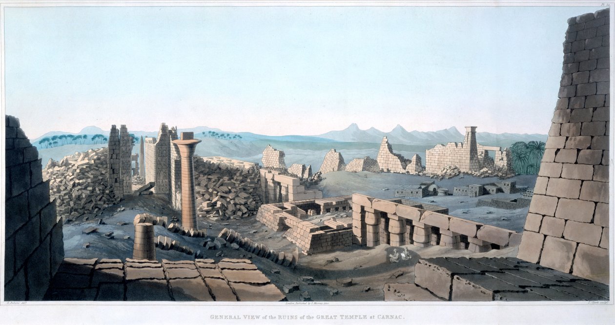 Yleinen näkymä Carnacin suuren temppelin raunioista Egyptissä, 1820 tekijältä I Clark