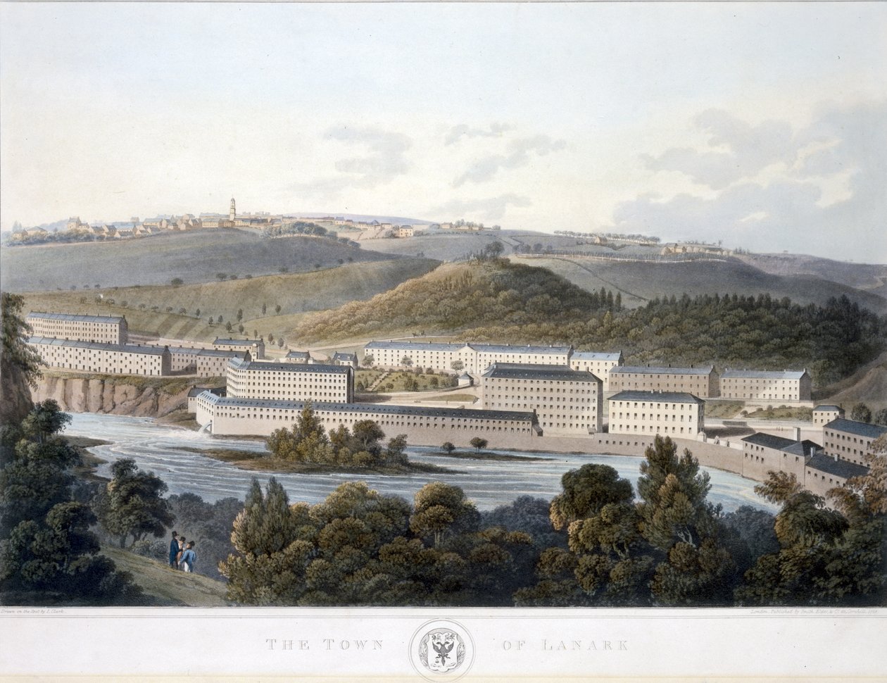 Lanarkin kaupunki, View of Scotlandista, 1824-25 (värillinen akvatinta) tekijältä I after Clark