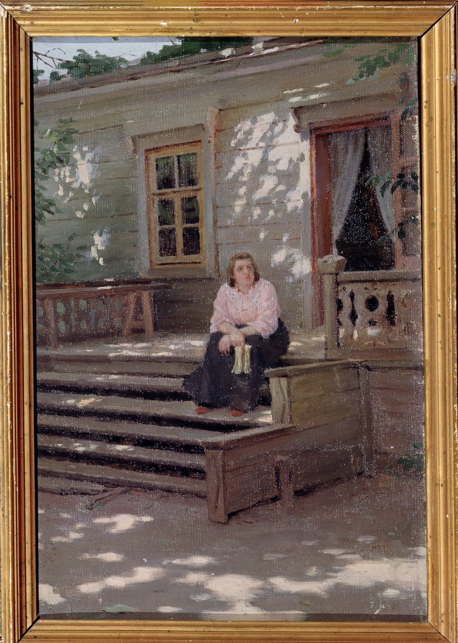 Kuistilla (At the Porch). Nainen yksin istumassa portaissa talon edessä ja joka näyttää odottavan jotakuta. Jakov Jakovlevich Kalinichenkon (1869-1938) maalaus öljy kankaalle tekijältä Iakov Kalinichenko