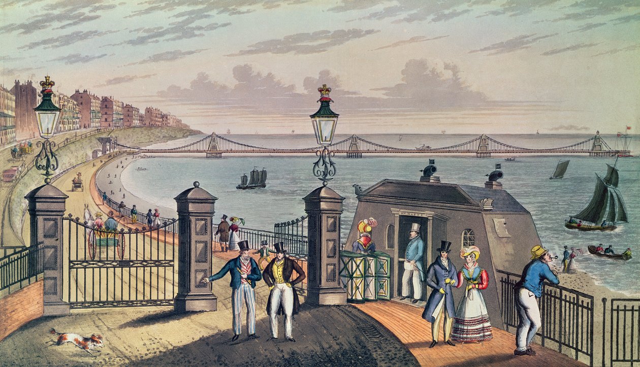 Ketjulaituri edessä Brightonissa, jonka suunnitteli ja pystytti kapteeni S. Brown R.N. vuonna 1823, kaiverrettu ja julkaissut taiteilija (väripainatus) tekijältä Ian Bruce