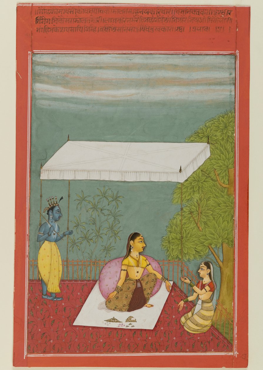 Nayika Awaits Her Lover, sivu sarjasta, joka kuvaa Keshavadasan Rasikapriyaa, 1692 (läpinäkymätön wc paperilla) tekijältä Ibrahim Ibrahim