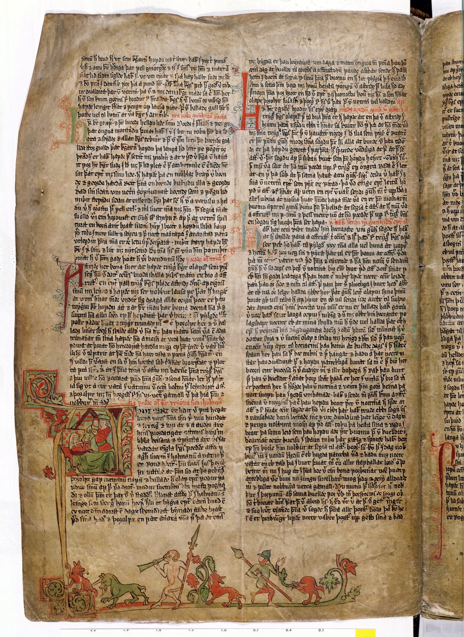 Kuningas Olaf Tryggvasonin kaste Flateyjarbokista (Flateyn kirja) 1300-luvun lopulla tekijältä Icelandic School
