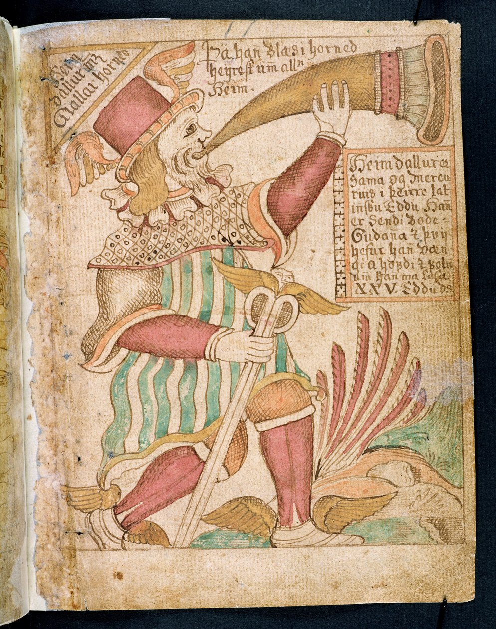 Heimdal puhaltaa torveaan ennen Ragnarokia, Melsteds Edda (kynä & muste ja wc paperilla) tekijältä Icelandic School