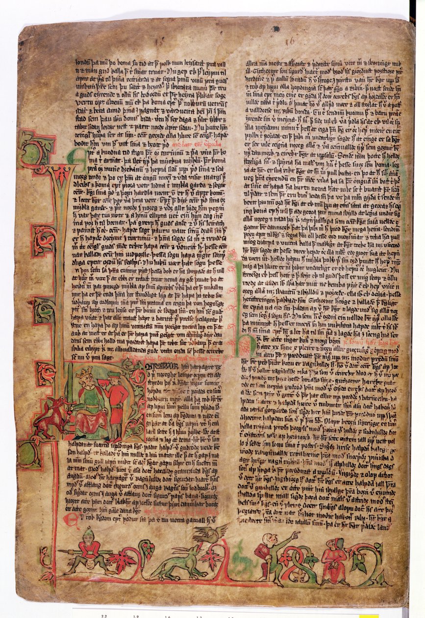 Historioitu alkukirjain D Olaf Tryggvasonin saagan alussa, Flateyjarbokista (Flateyn kirja) 1300-luvun lopulla tekijältä Icelandic School