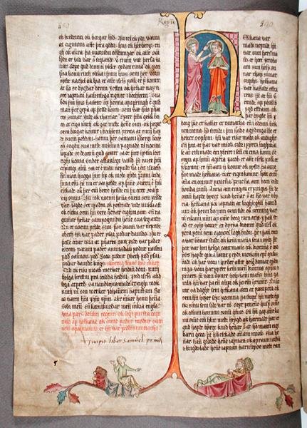 Historioitu alkukirjain "H" Samuelin kirjan alussa, sanoista "Stjorn" ("Hallinto") (vellum) tekijältä Icelandic School