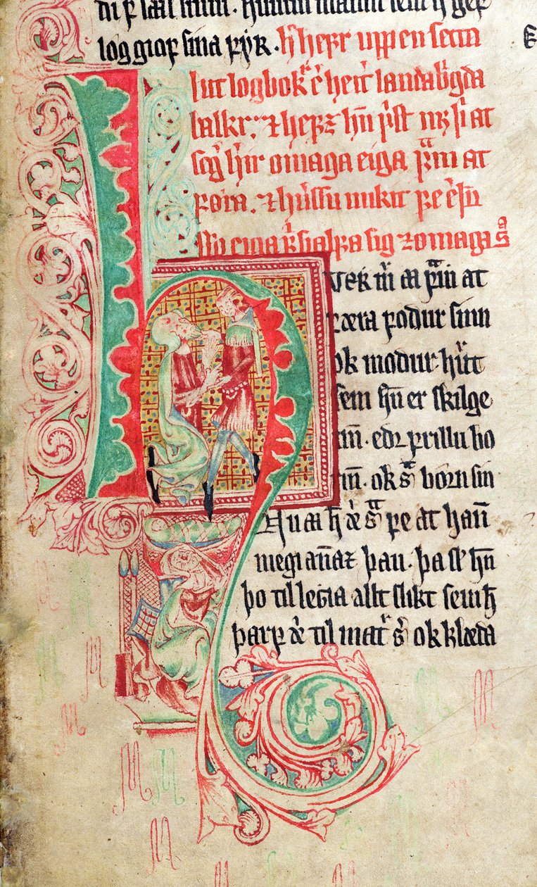 Historioitu alkukirjain H, Skarosbokista (Skardin kirja) n. 1350 tekijältä Icelandic School