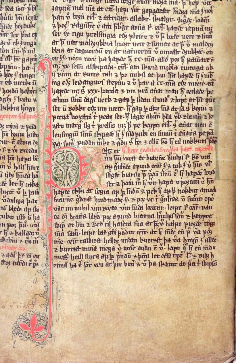 Historioitu alkukirjain P Grönlantilaisten saagan alussa, Flateyjarbokista (Flateyn kirja) 1300-luvun lopulla tekijältä Icelandic School