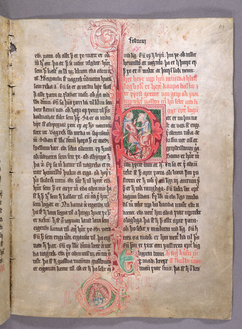 Historiallinen alkukirjain P, joka kuvaa kahta kauppamiestä, kauppaa käsittelevän osan alusta, Skarosbokista (Skardin kirja) n. 1350 tekijältä Icelandic School