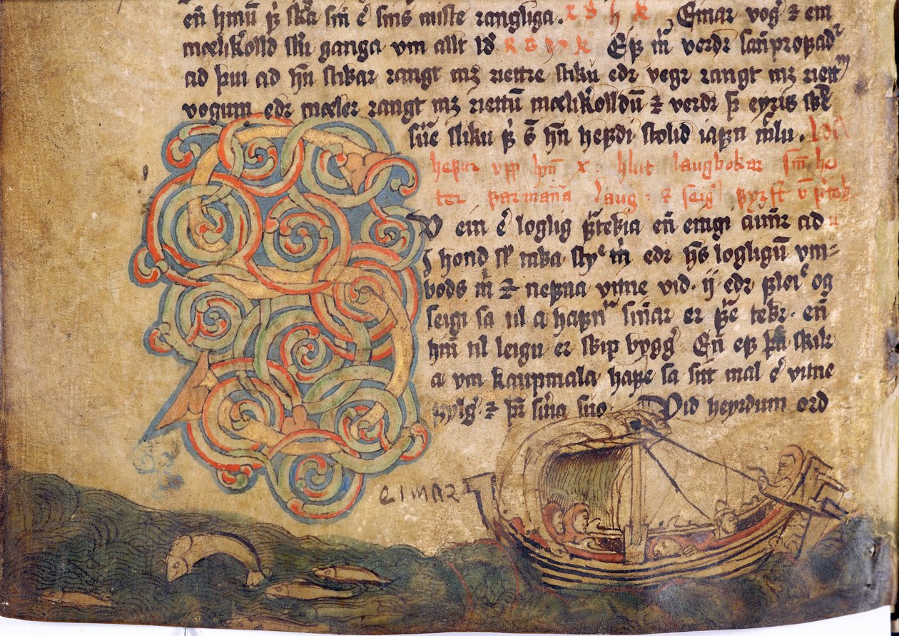 Historioitu alkukirjain S, kopiosta alkuperäisestä 1200-luvun Jonsbok-lakikokoelmasta tekijältä Icelandic School