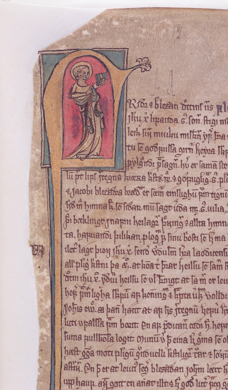 Historioitu alkukirjain kahden apostolin Johanneksen ja Jaakobin saagan alussa, Codex Scardensisista, n. 1360 tekijältä Icelandic School