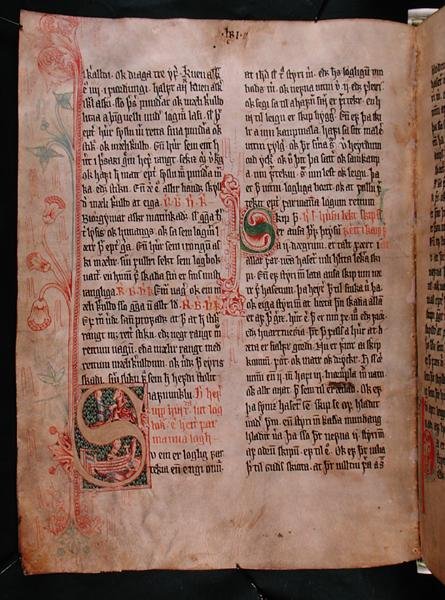 Historialliset nimikirjaimet "S" ja "P", Skarosbokista ("Skardin kirja") n. 1350 (vellum) tekijältä Icelandic School